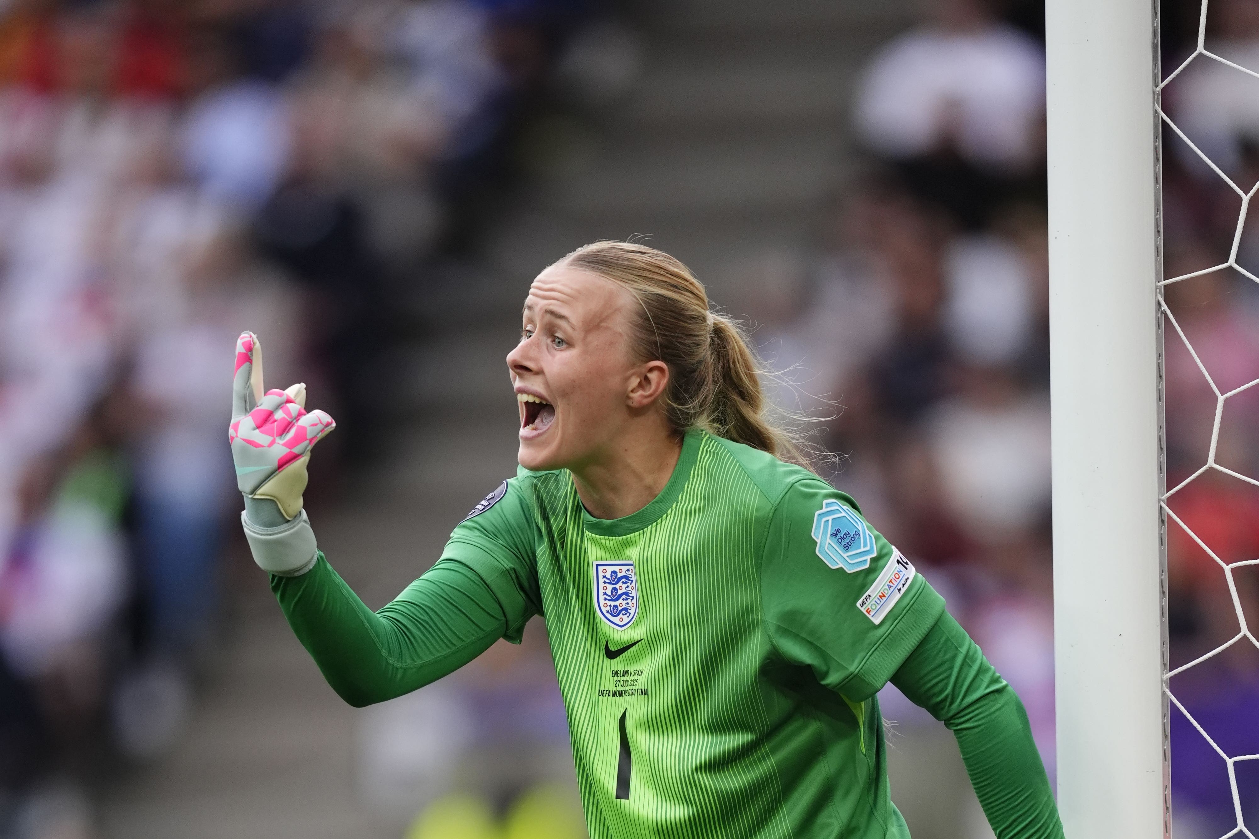 <p>England goalkeeper Hannah Hampton in action during the Uefa Women’s Euro 2025 final (Peter Byrne/PA)</p>