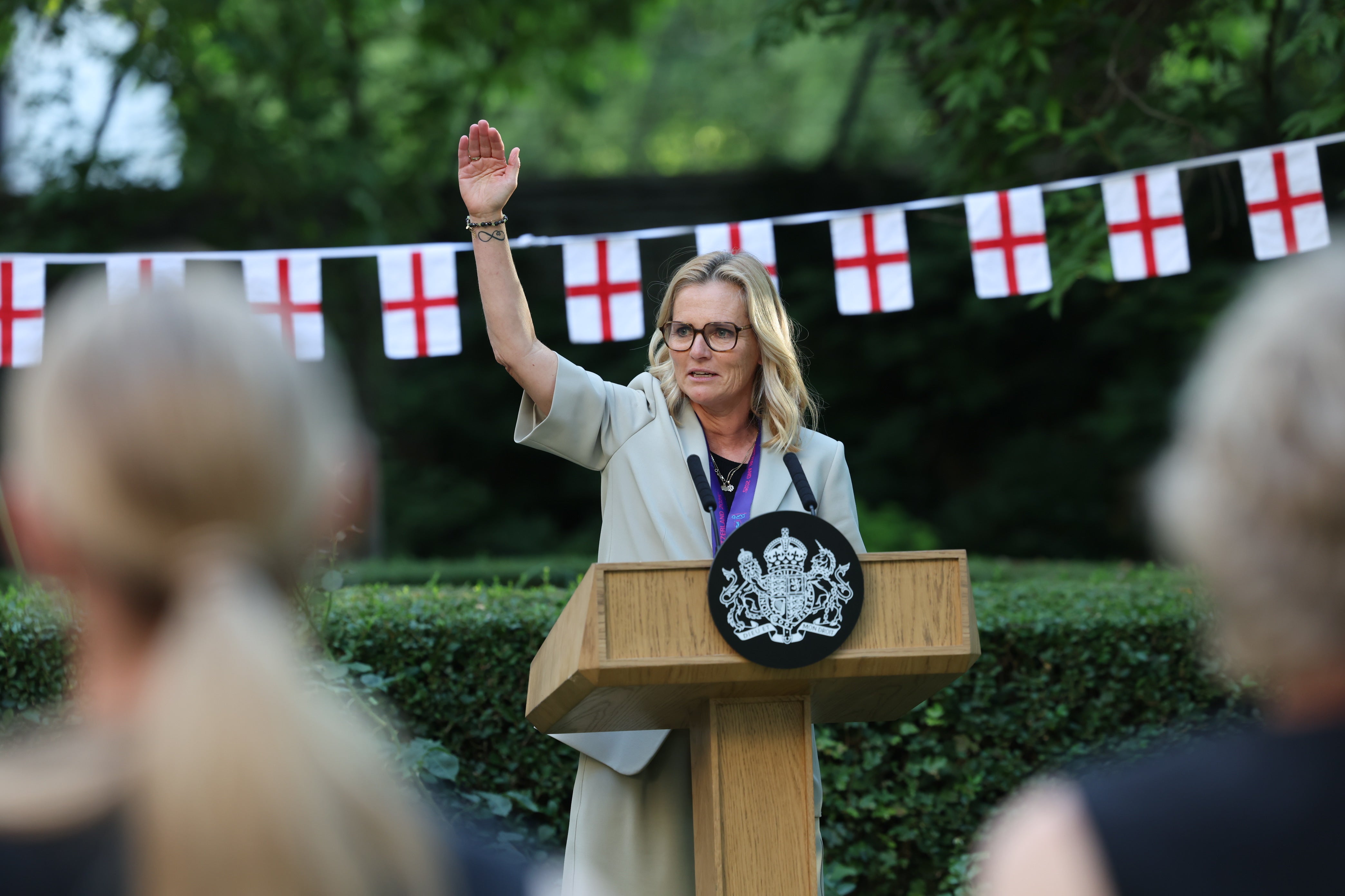 <p>England manager Sarina Wiegman spoke of her pride in the team</p>