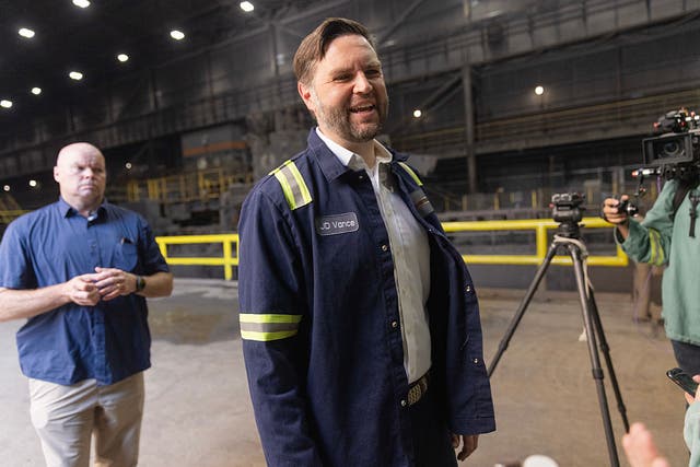 <p>JD Vance tours a steel plant during a campaign stop in Canton, Ohio on Monday</p>