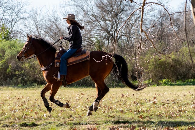 <p>U.S. Homeland Security Secretary Kristi Noem tours the Campo De Mayo Military Base by horse in Buenos Aires province, Argentina, Monday, July 28, 2025</p>