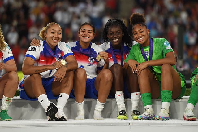 <p>Jess Carter celebrates with Lauren James, Michelle Agyemang and Khiara Keating after winning Euro 2025</p>