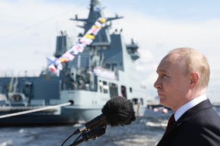 Russia's president Vladimir Putin attends the main naval parade marking the Russian Navy Day in Saint Petersburg
