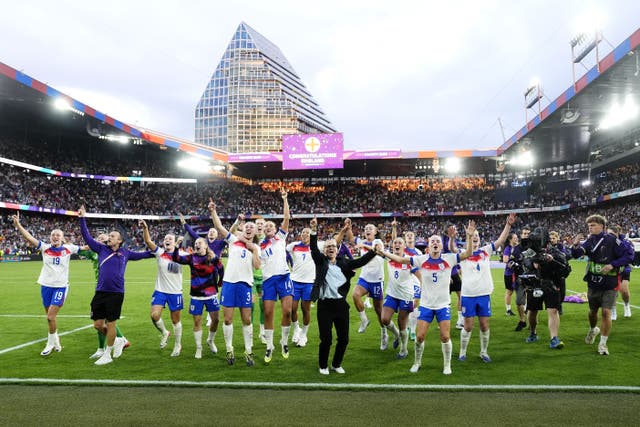 England manager Sarina Wiegman (centre) and players celebrate Euro 2025 glory (Nick Potts/PA)