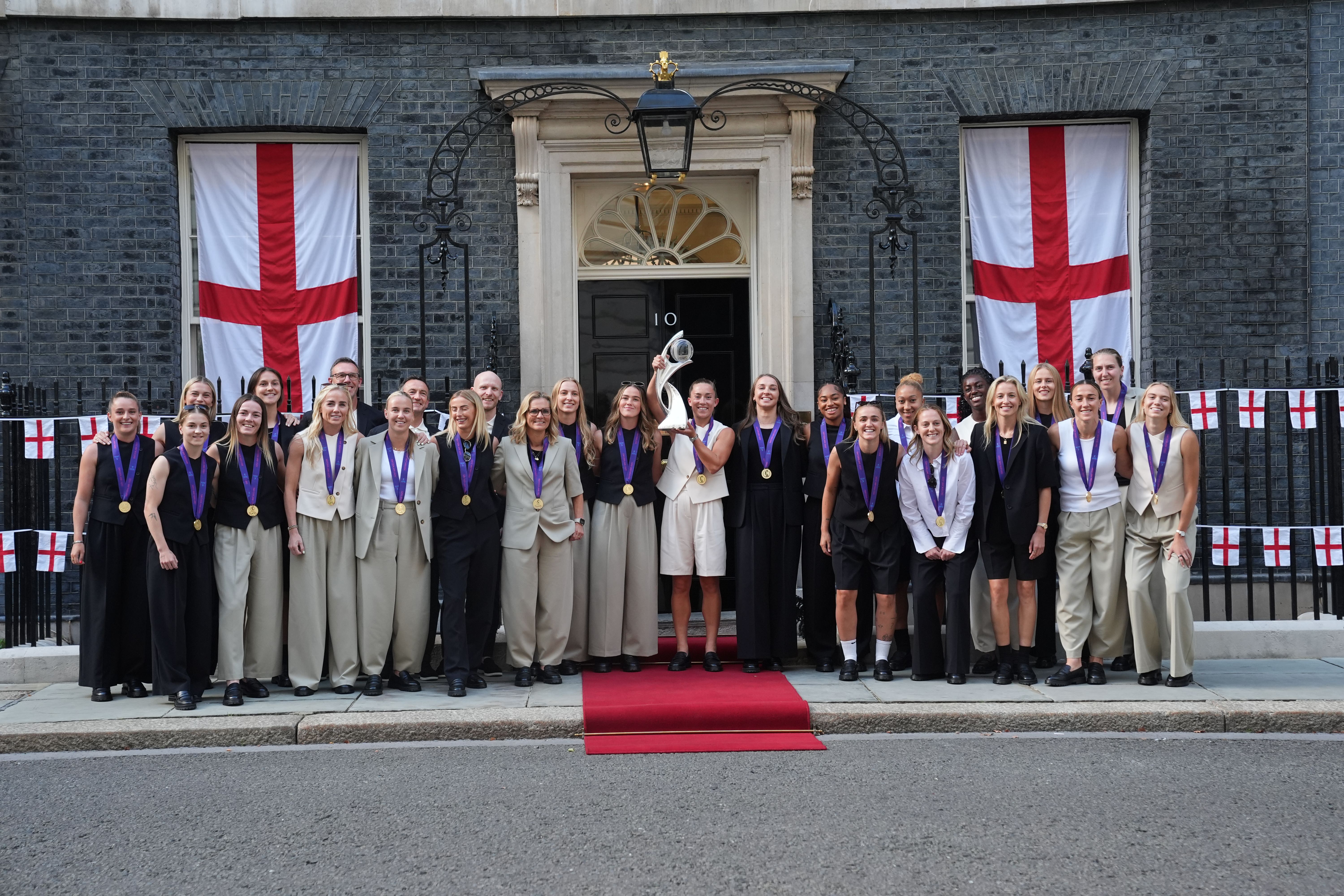Members of the England Women’s football team at Downing Street for a reception at No 10 (Lucy North/PA)