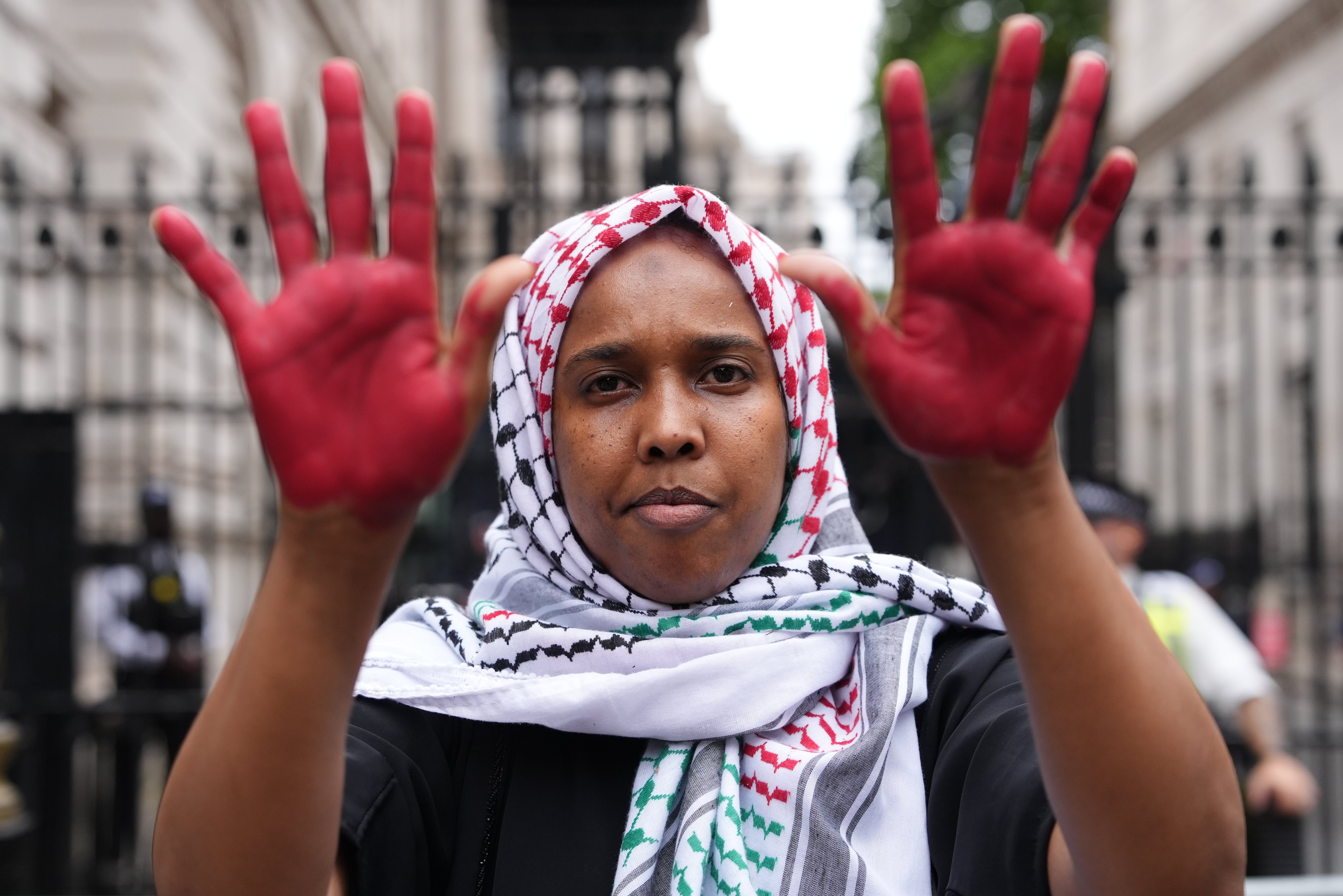 A protester claims the UK government has blood on its hands for support for Israel