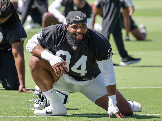 <p>Defensive tackle Christian Wilkins #94 of the Las Vegas Raiders stretches during an OTA offseason workout at the Las Vegas Raiders Headquarters/Intermountain Healthcare Performance Center on May 29, 2024 in Henderson, Nevada</p>