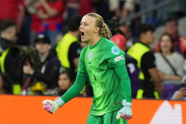 <p>England goalkeeper Hannah Hampton reacts after a save during a penalty shootout</p>
