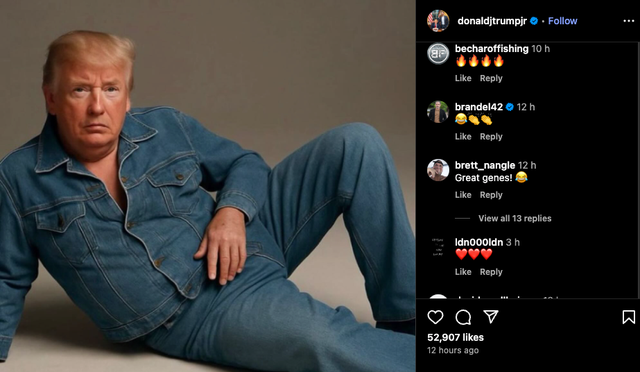 <p>AI of Donald Trump in denim suit</p>