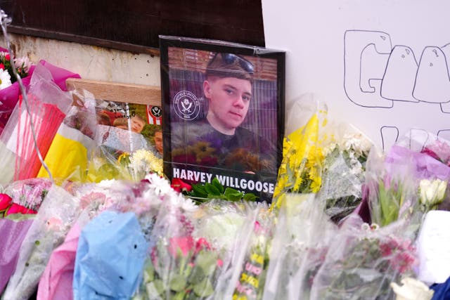 Tributes to the late Harvey Willgoose on the gates outside the stadium ahead of the Sky Bet Championship match at Bramall Lane, Sheffield (Mike Egerton/PA)