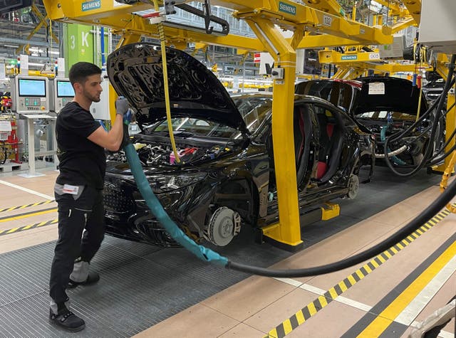 <p>An employee of Mercedes-Benz works on a Mercedes CLA class model at the production line at the factory in Rastatt, Germany, June 4, 2025</p>
