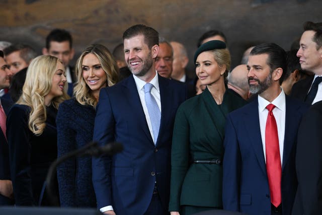 <p>(L-R) Tiffany Trump, Lara Trump, Eric Trump, Ivanka Trump and Donald Trump Jr. look on following the inauguration of Donald Trump in the U.S. Capitol Rotunda on January 20, 2025</p>