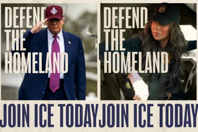 <p>The Department of Homeland Security launched a campaign including ‘defend the homeland’ posters featuring Trump and Kristi Noem</p>