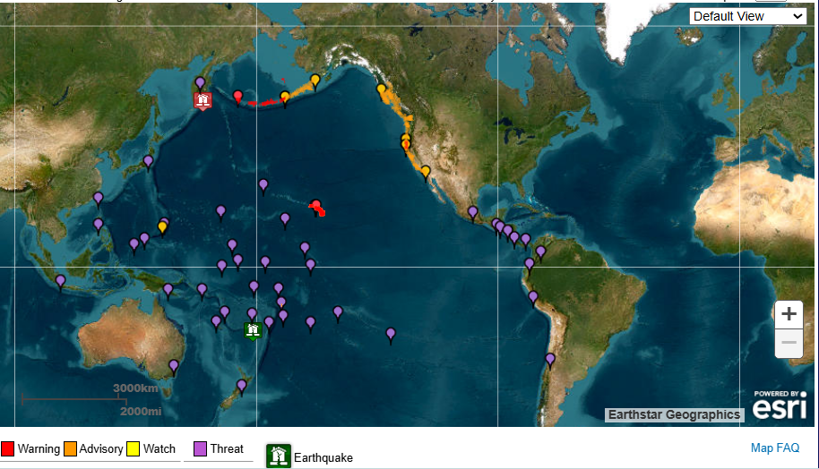 Map showing areas under warnings, watch and threat