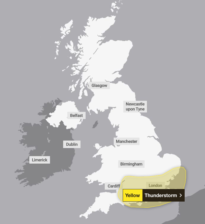 <p>A yellow weather warning has been issued across London, the South East and the South West of the country</p>