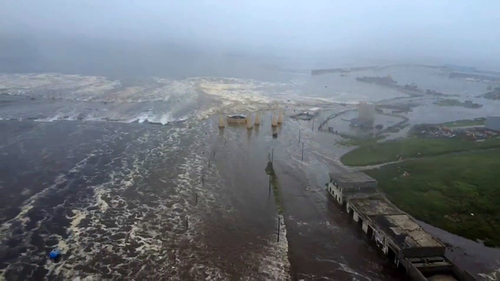 This video grab from a drone handout footage released by Geophysical Service of the Russian Academy of Sciences on July 30, 2025, shows the tsunami-hit Severo-Kurilsk on Paramushir island of Russia's northern Kuril islandss