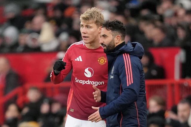 <p>Ruben Amorim (right) is happy with Rasmus Hojlund who scored in a pre-season clashw tih Bournemouth</p>