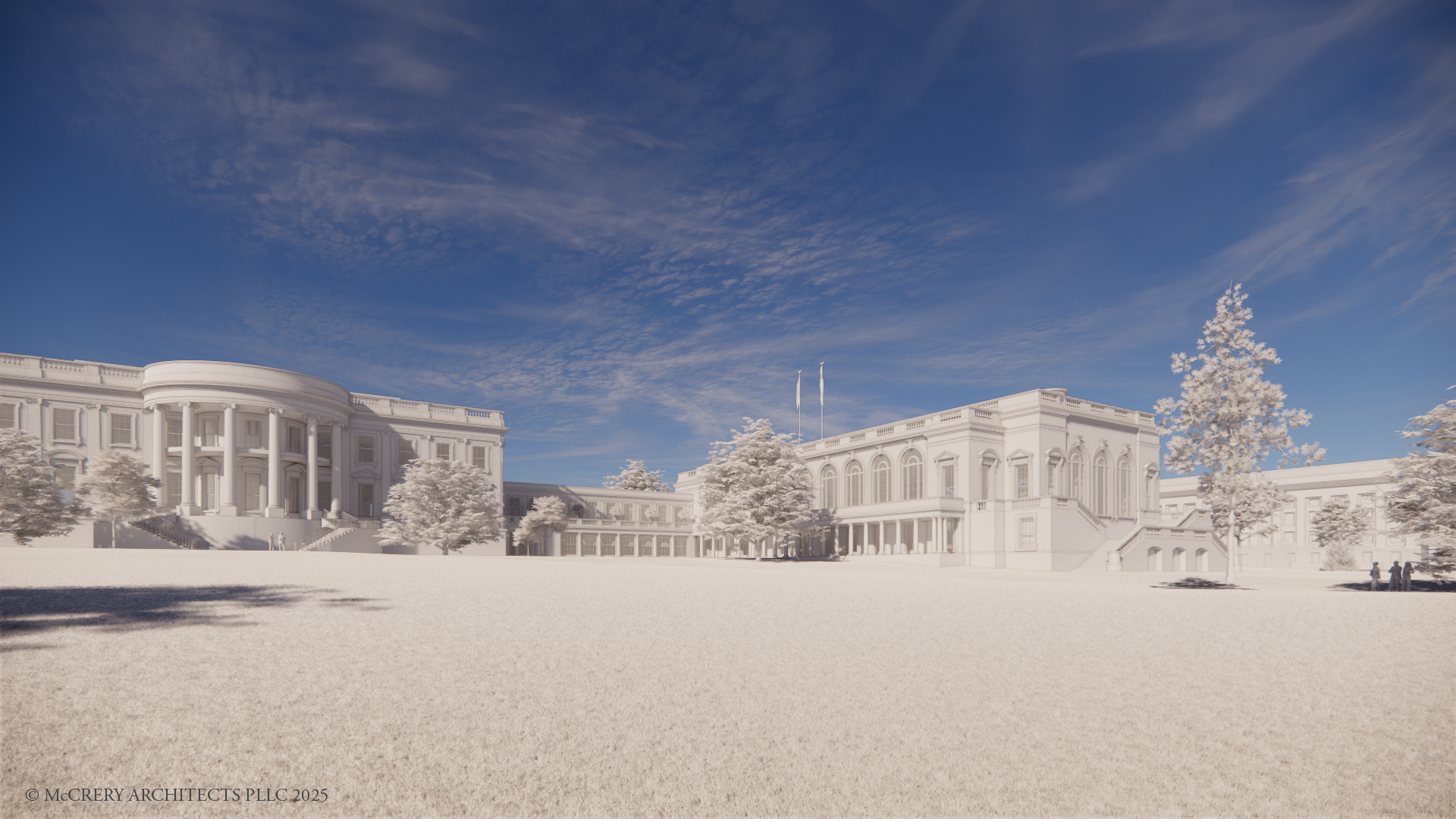 Architectural rendering shows the proposed White House ballroom facility in relation to the Executive Mansion as viewed from the South Lawn