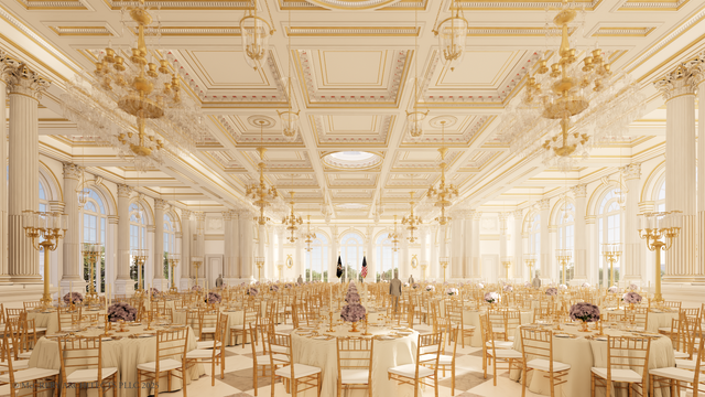 <p>Imagen oficial difundida por la Casa Blanca del diseño interior del futuro salón de baile</p>