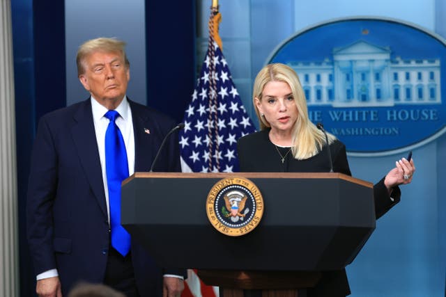 <p>Attorney General Pam Bondi speaks alongside President Donald Trump in the briefing room at the White House on June 27, 2025</p>