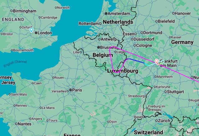 <p>Waiting game: Flightpath of China Airlines flight to London Heathrow, which diverted to Frankfurt – where it is still on the ground</p>