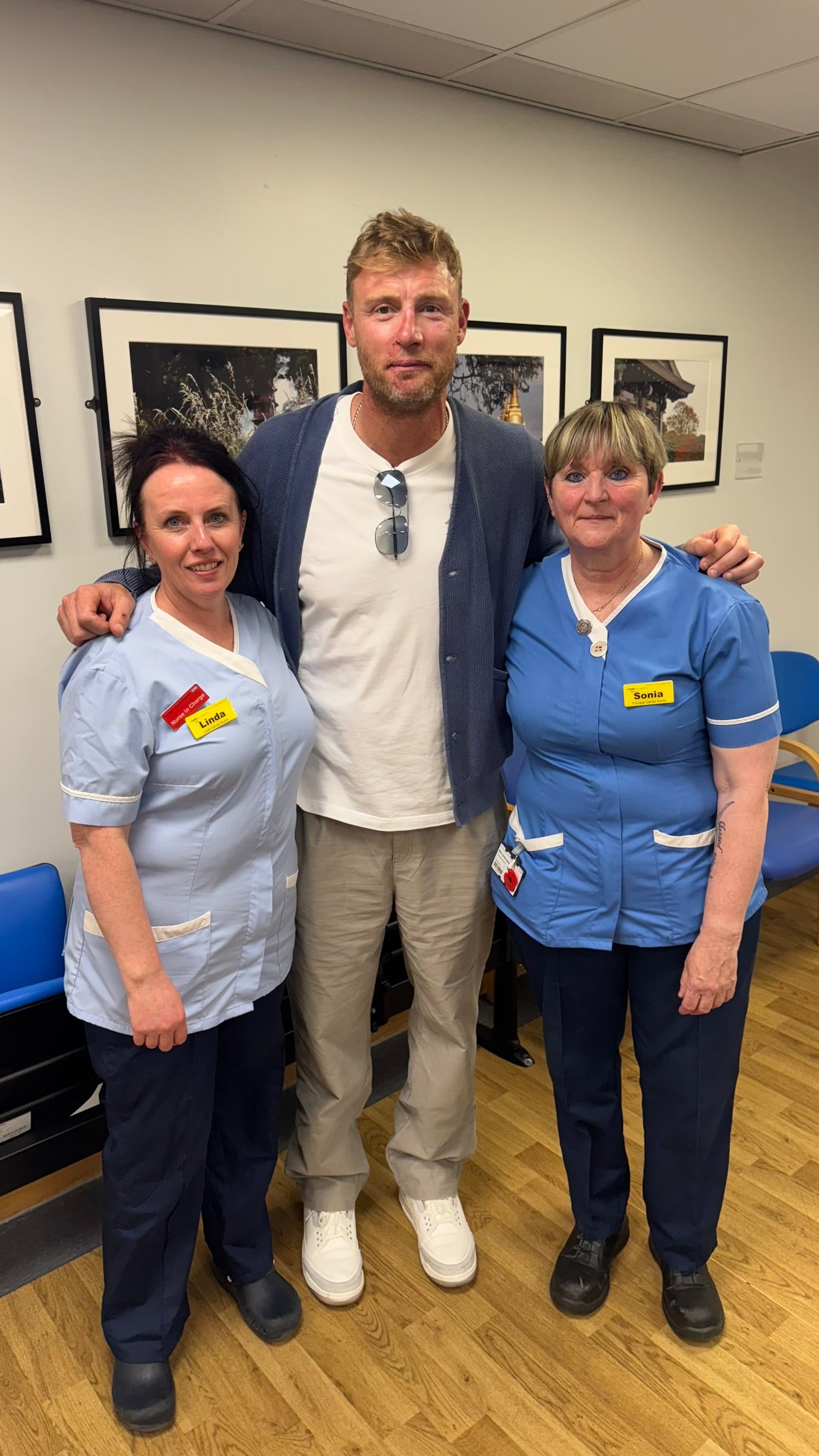 Freddie Flintoff with Linda Holden, lead dental nurse (left) and Sonia Steer, principal orthodontic nurse (right) at St George’s