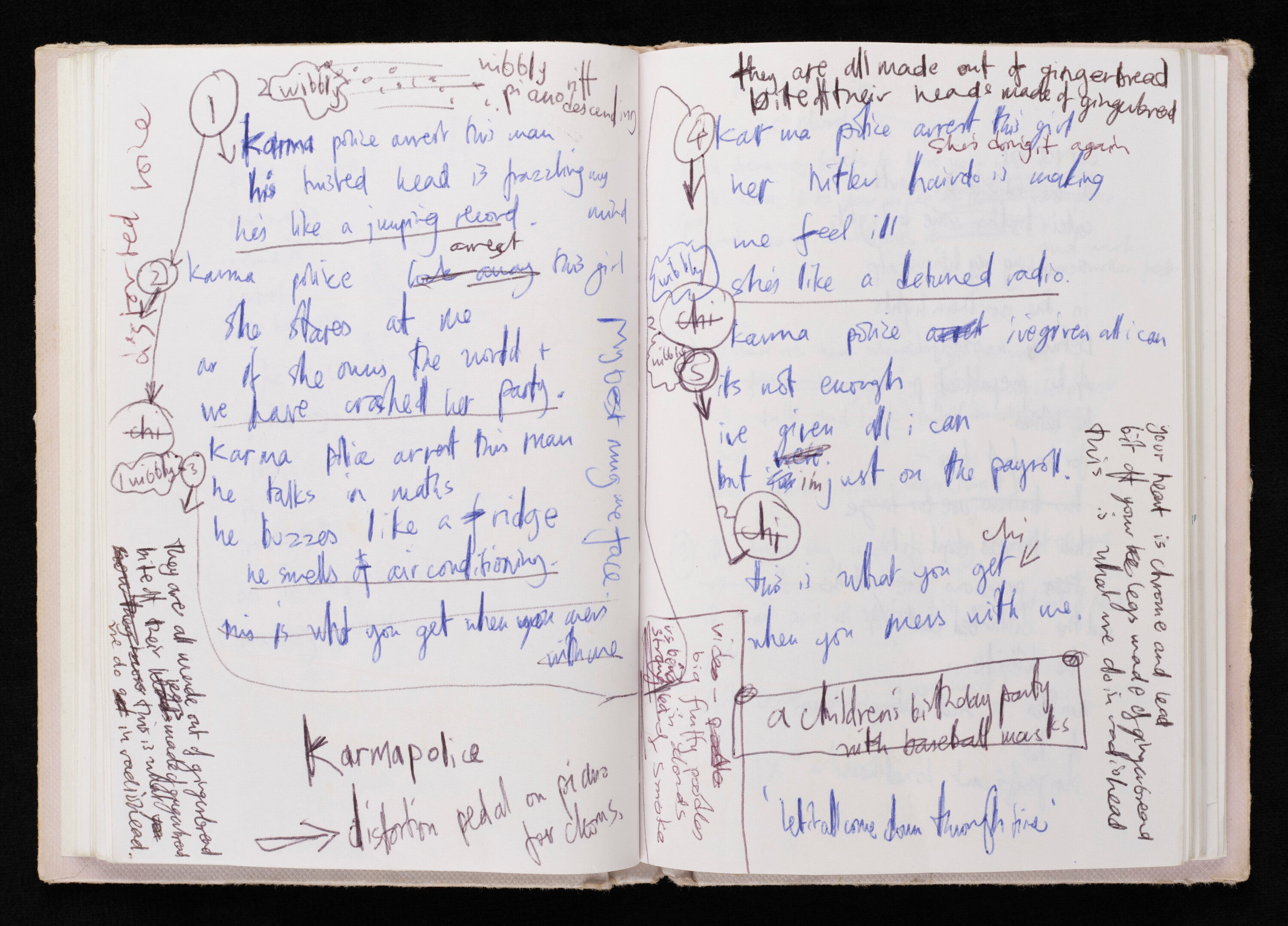 Yorke’s sketchbook featuring early lyrics to the song ‘Karma Police’
