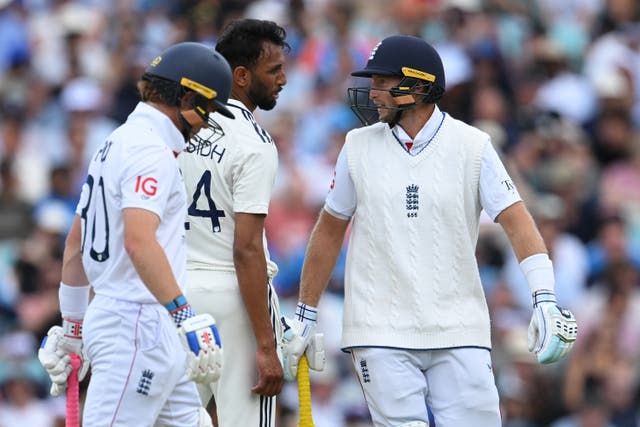 <p>Joe Root clashing with Prasidh Krishna in one of the many fiery confrontations between England and India</p>
