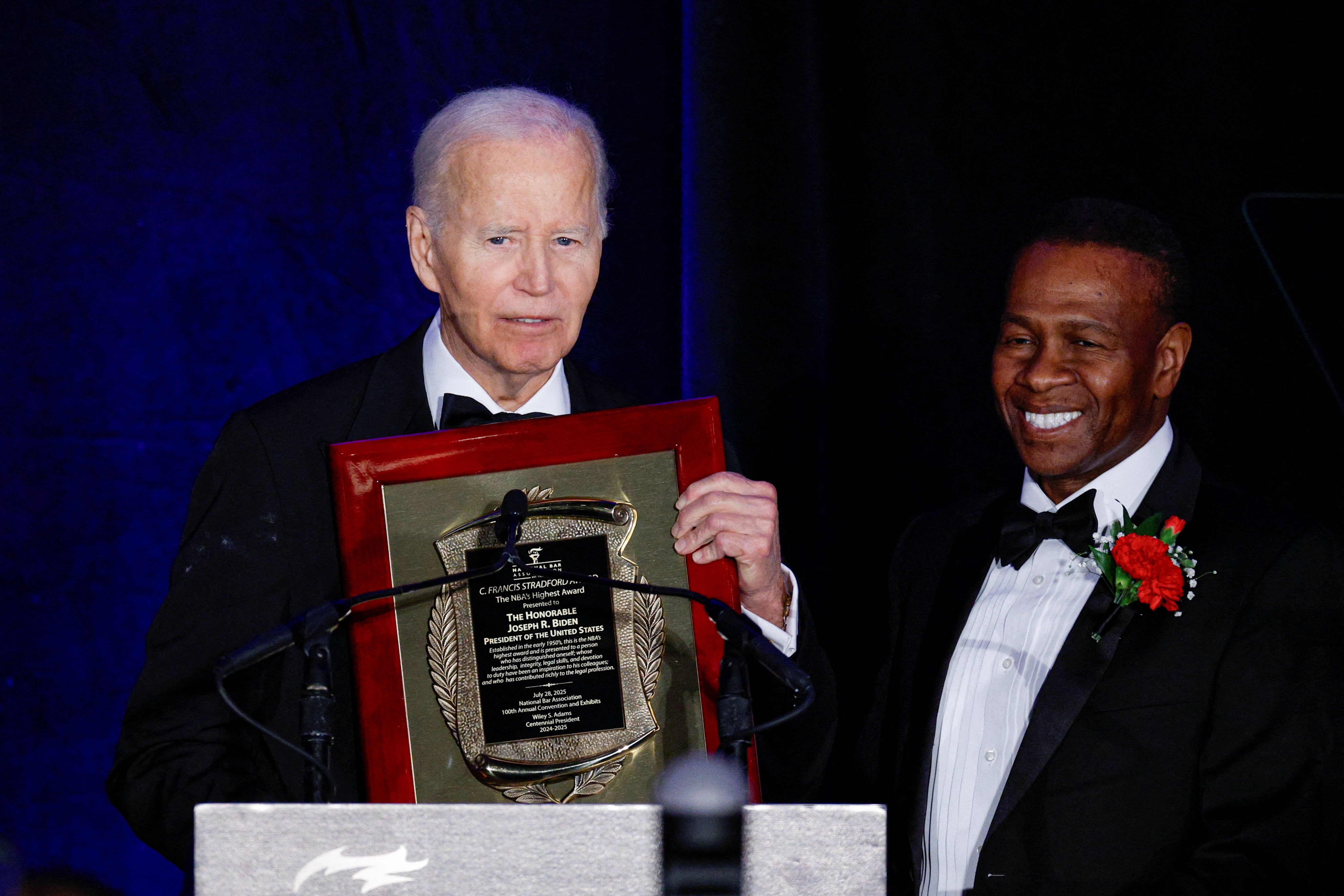 Biden accepted an award from the association following his 22-minute speech, in which he criticized the president without mentioning him by name
