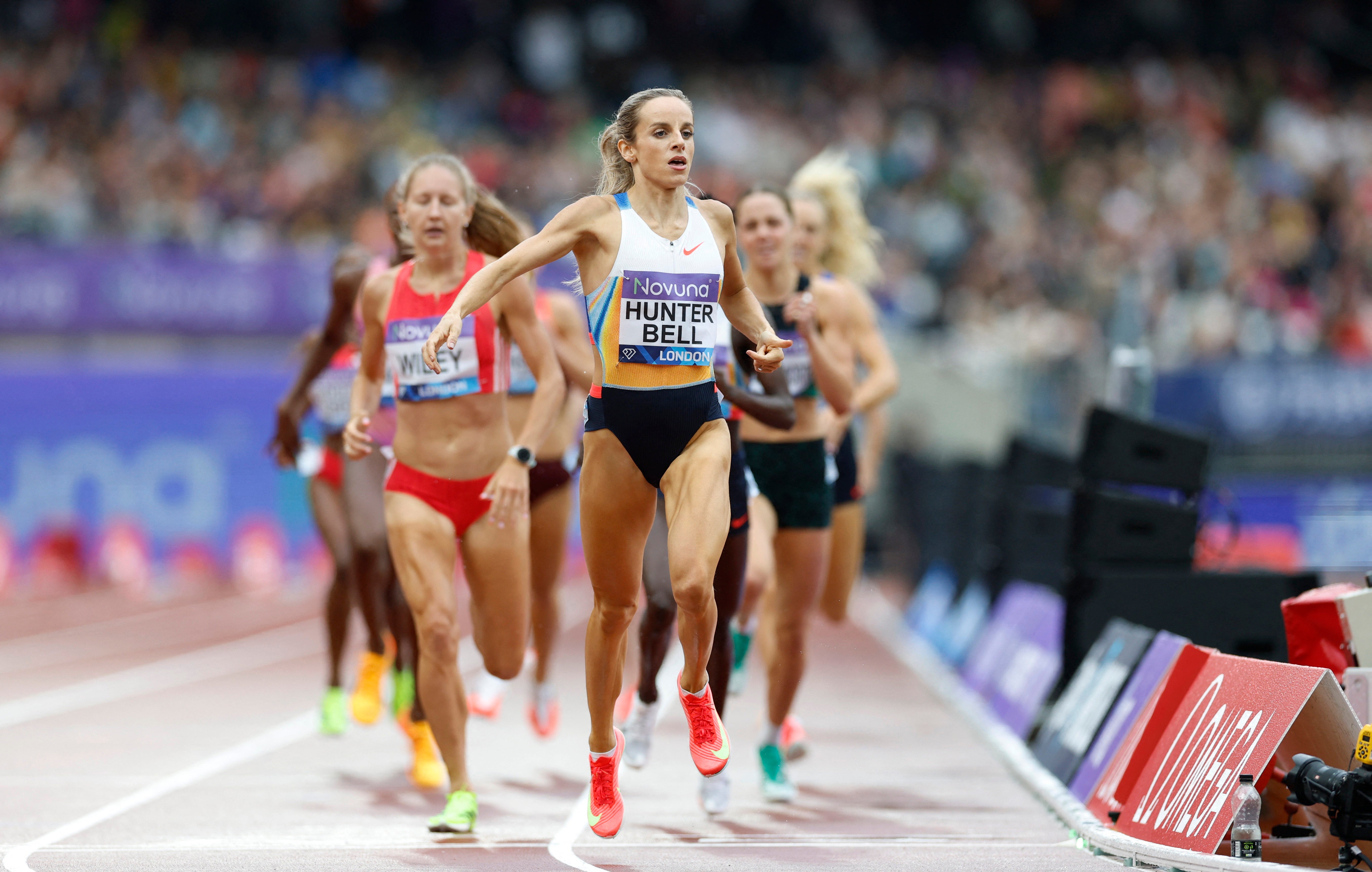 Georgia Hunter Bell of Team Great Britain celebrates finishing first at the London Diamond League