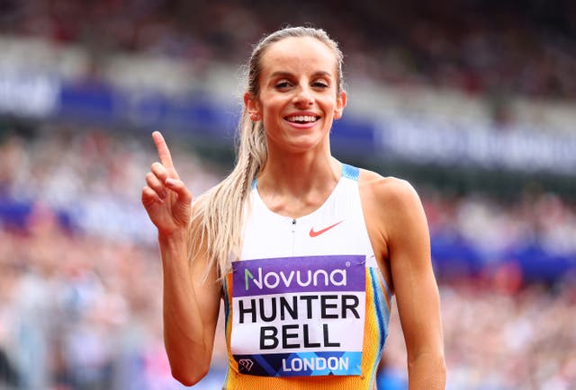 <p>Georgia Hunter Bell of Team Great Britain celebrates finishing first at the London Diamond League</p>