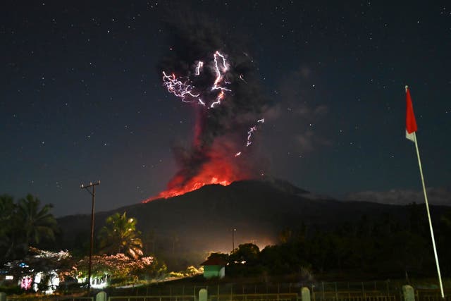 <p>In this photo released by Geological Agency (Badan Geologi) of the Indonesia’s Ministry of Energy and Mineral Resources, lightning strikes as Mount Lewotobi Laki-Laki spews volcanic material during an eruption in East Flores, Indonesia, Friday, 1 August 2025</p>