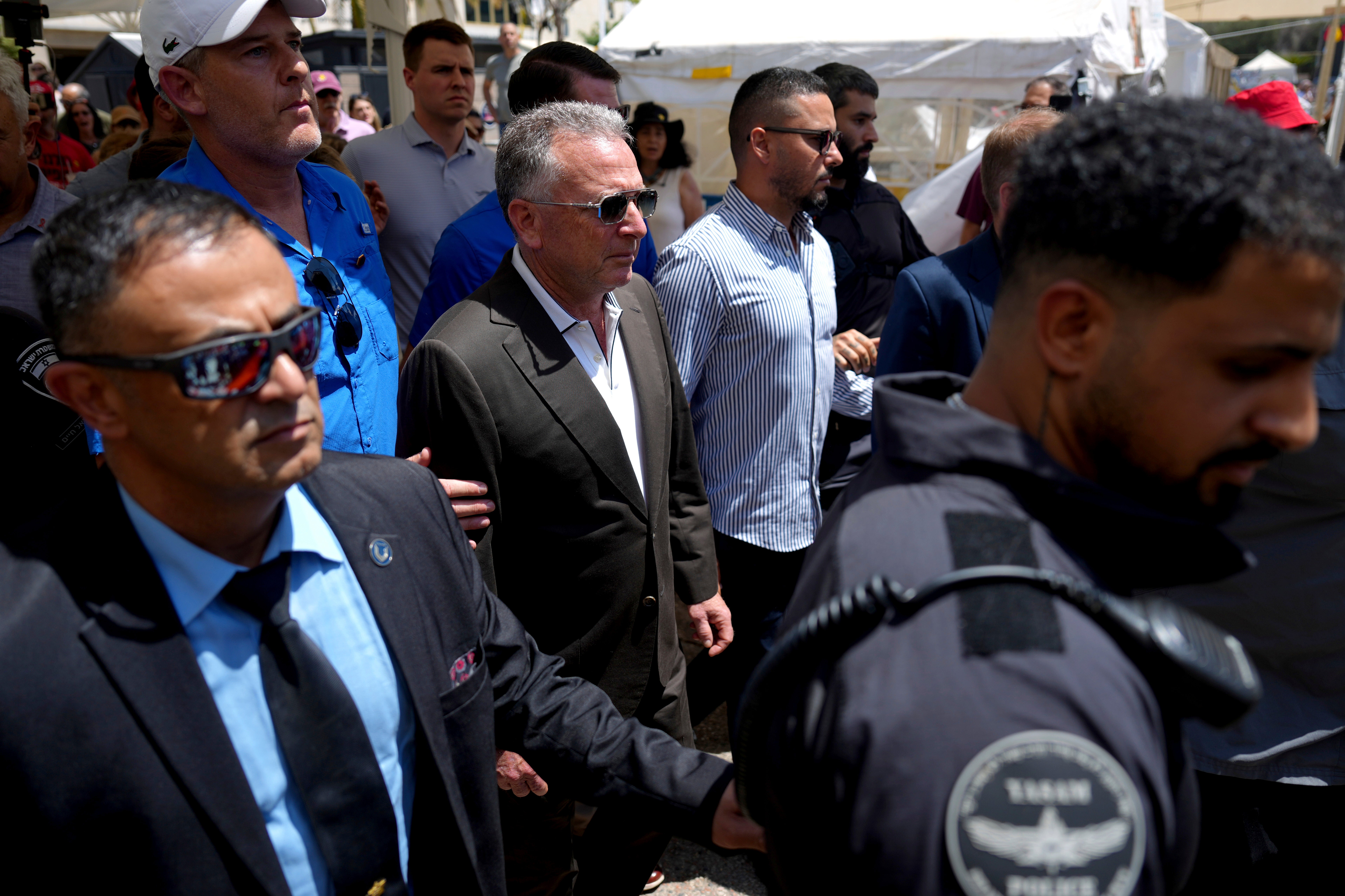White House special envoy Steve Witkoff arrives to meet families of hostages at the plaza known as the hostages square in Tel Aviv