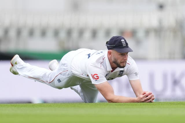 England’s Gus Atkinson takes the catch to remove India’s Akash Deep (Ben Whitley/PA).