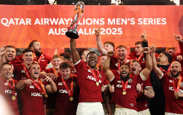 <p>Maro Itoje of the British and Irish Lions lifts the winners’ trophy after the series victory in Australia</p>