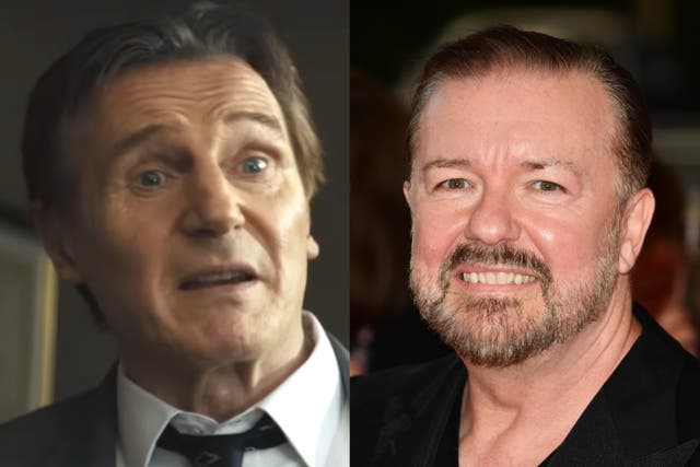 <p>Liam Neeson in 'The Naked Gun', and Ricky Gervais</p>