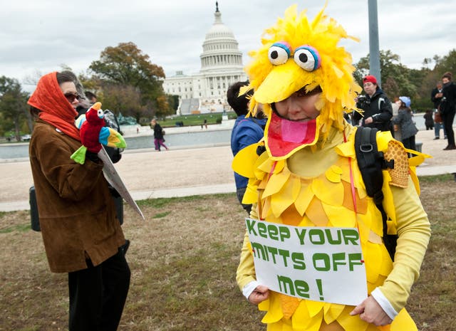 <p>A woman wears a costume of<em> Sesame Street</em> character Big Bird holding a sign in support of public broadcasting</p>