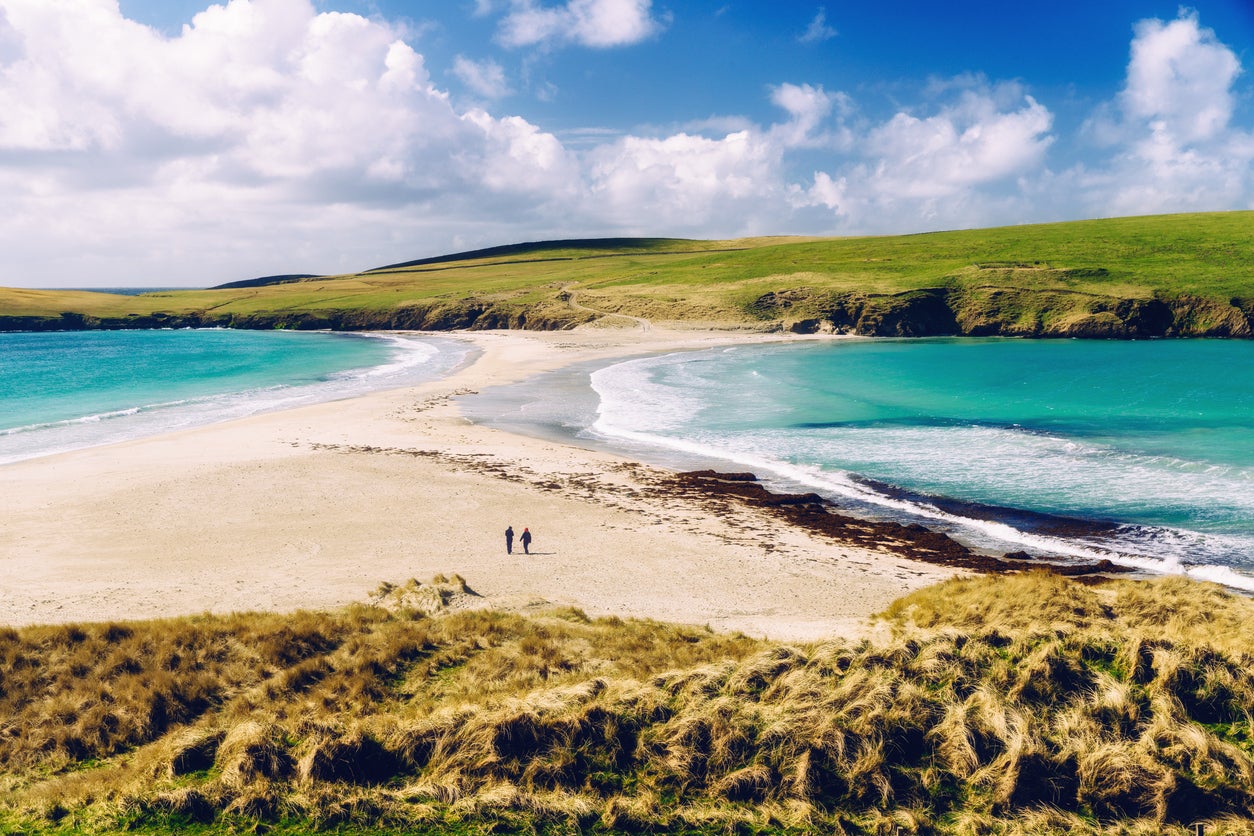 A sandbar connecting St Ninian’s Isle with the mainland of the Shetland Islands
