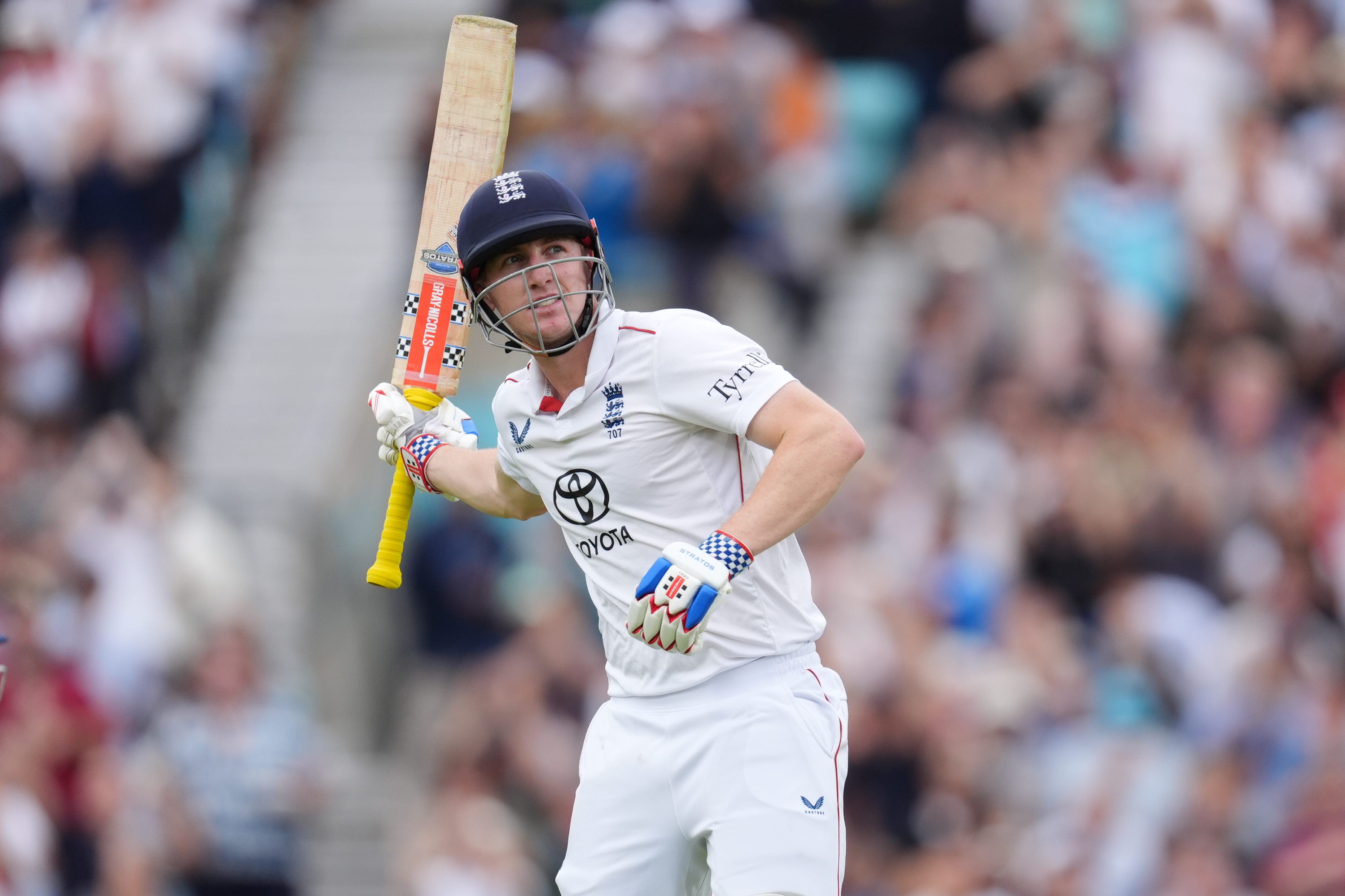Harry Brook celebrates his century against India (Ben Whitley/PA)