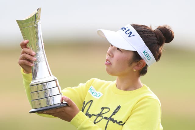 Japan’s Miyu Yamashita reacts after winning the 2025 AIG Women’s Open at Royal Porthcawl (Nigel French/PA)