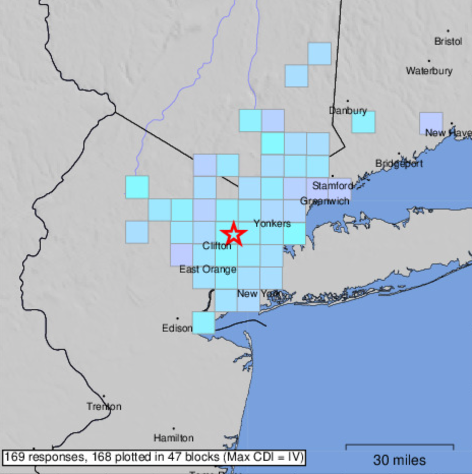 A U.S. Geological Survey map showing where people in New York and New Jersey felt a 3.0 magnitude earthquake on Saturday, August 2, 2025
