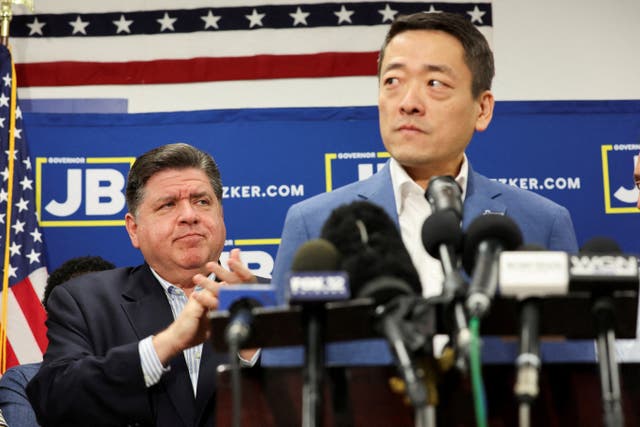 <p>Texas State Rep. Gene Wu holds a press conference in Carol Stream, Illinois, on Sunday August 3 2025 as Illinois Governor JB Pritzker looks on</p>