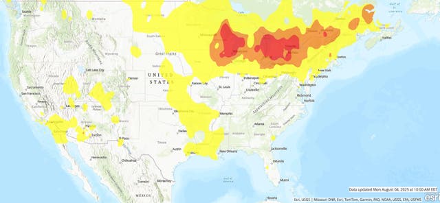 <p>A map shows where air quality is the worst across the U.S. on Monday morning. Wildfire smoking has forced forecasters to issue air quality alerts in several states, including Michigan and New York</p>
