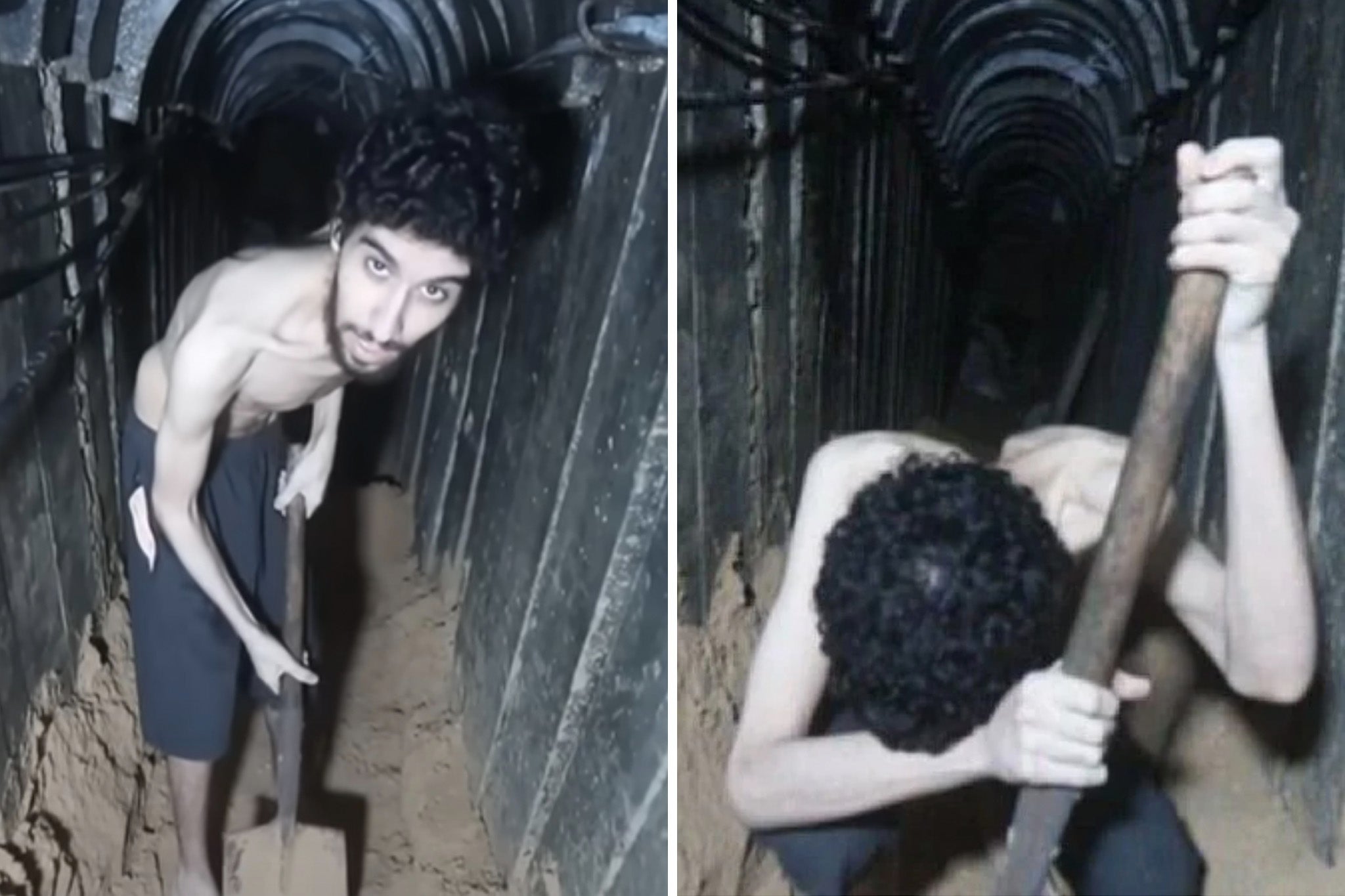 Grab from video of Evyatar David, an Israeli taken hostage by Hamas, digging what he says is his own grave