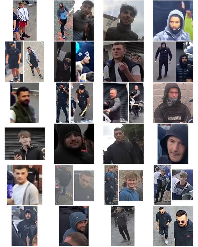 <p>Composite of undated handout photos issued by Police.uk of 24 unidentified suspects involved in the disorder in Southport in 2024, that the police are appealing for help with identifying</p>