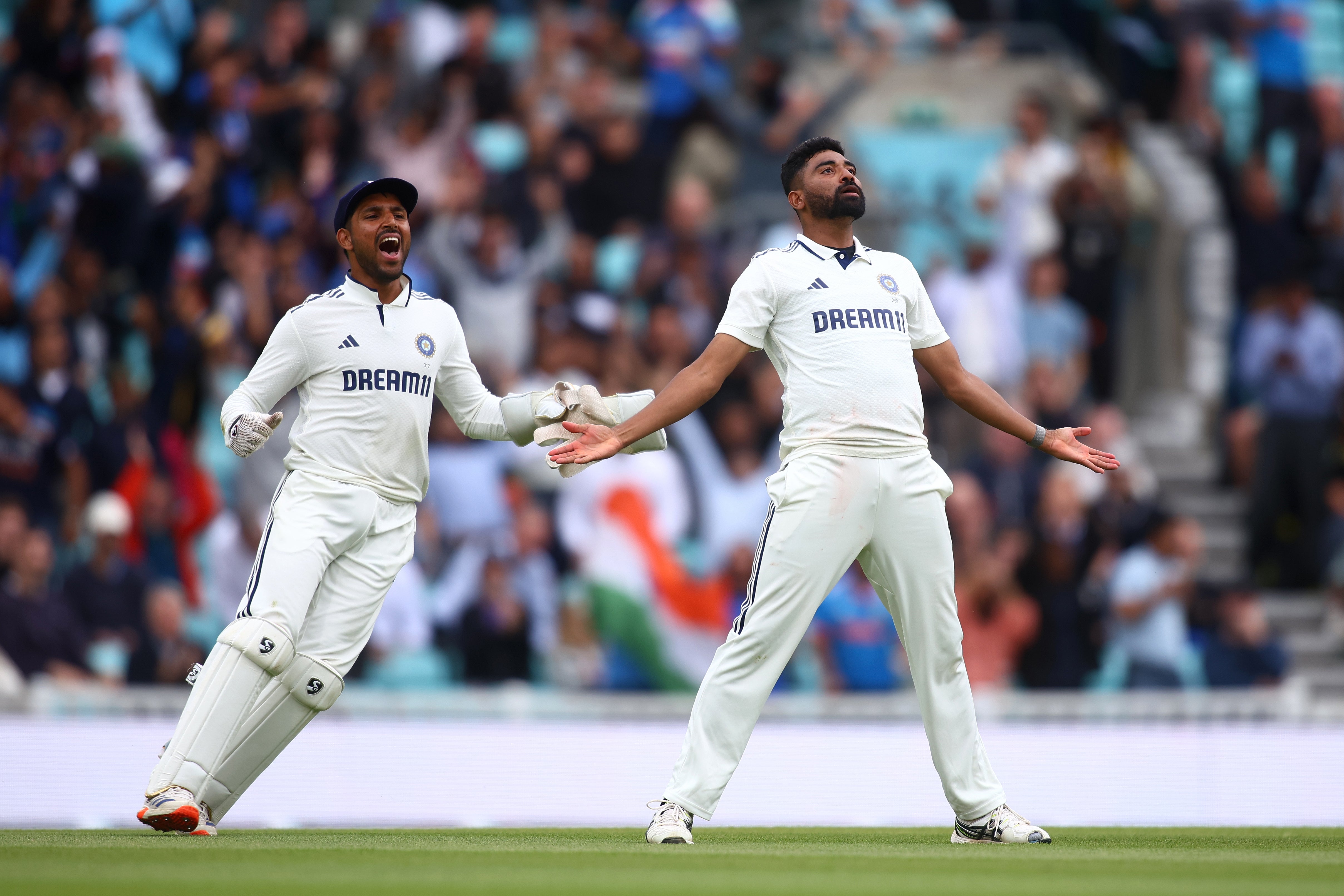 Mohammed Siraj of India celebrates taking the wicket of Gus Atkinson of England