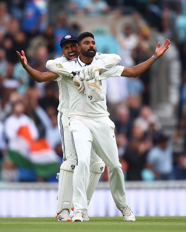 <p>Mohammed Siraj of India celebrates with team mate Dhruv Jurel after taking the wicket of Gus Atkinson of England</p>