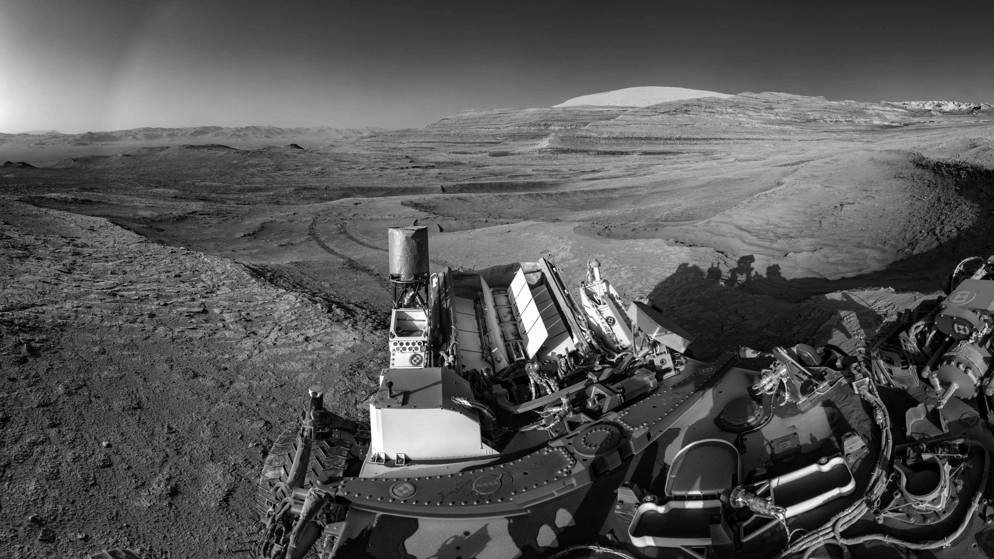 This view of tracks trailing NASA’s Curiosity was captured July 26, 2025, as the rover simultaneously relayed data to a Mars orbiter