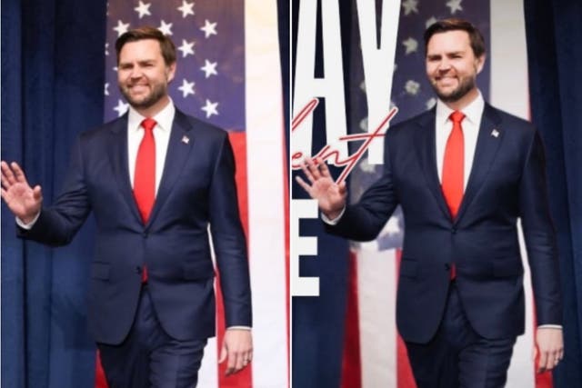 <p>The Republican National Committee has been accused of photoshopping J.D. Vance (right) in a surreal birthday post</p>