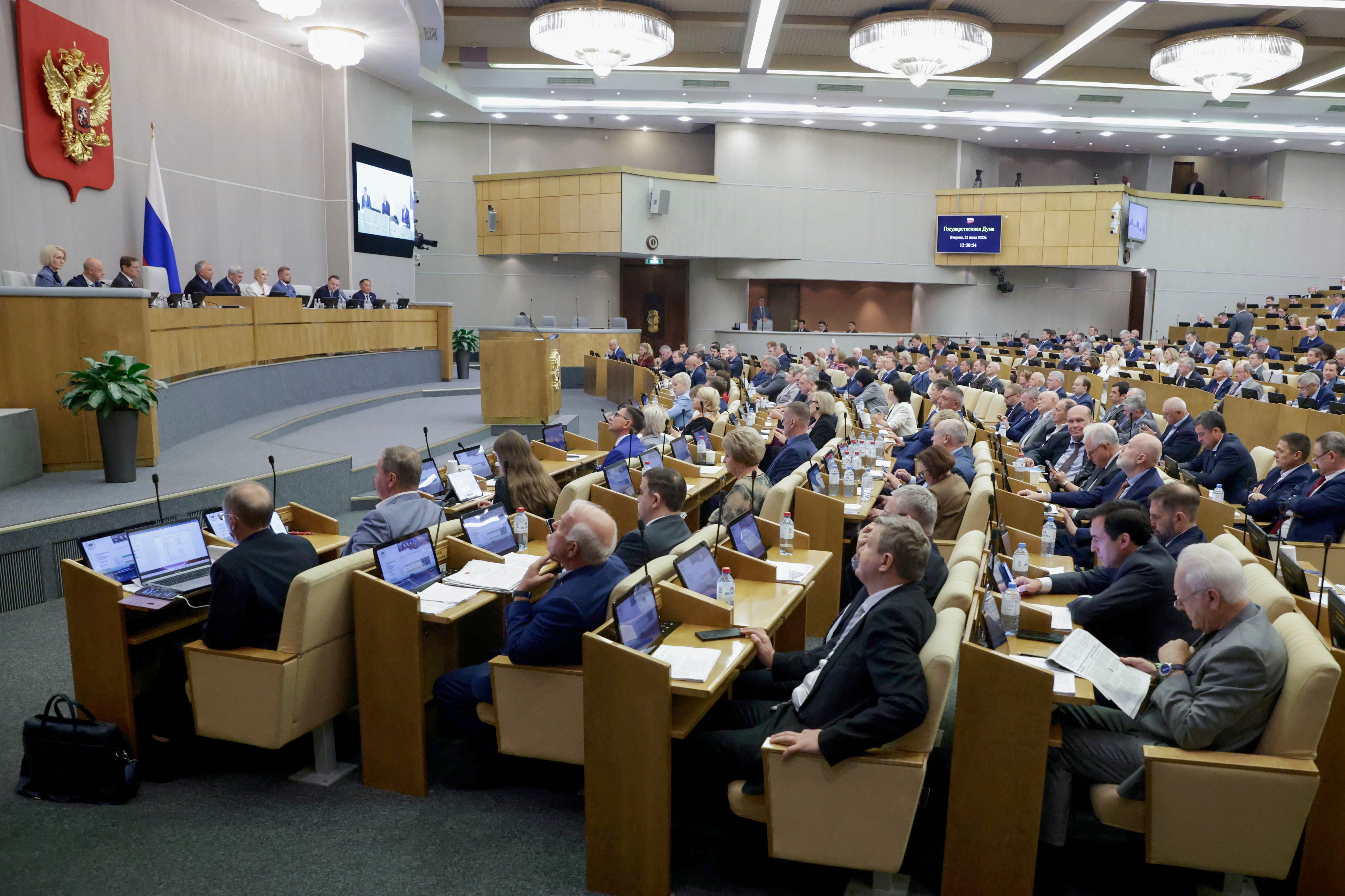 Deputies attend a session at the State Duma, the lower house of the Russian parliament, in Moscow, Russia