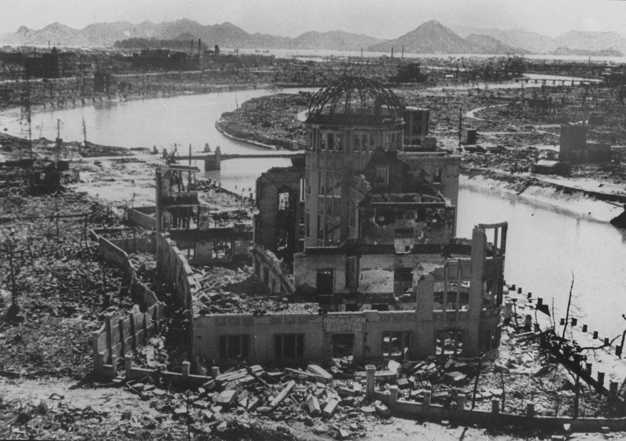 A photo dated September 1945 of the remains of the Prefectural Industry Promotion Building after the bombing of Hiroshima, which was later preserved as a monument